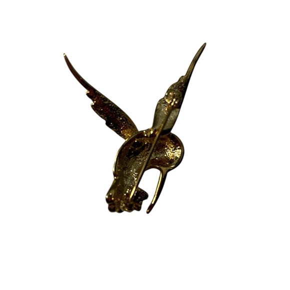 Vintage Gold Tone Rhinestone Green Eye Shiny Hummingbird Bird Brooch Pin - Picture 2 of 3